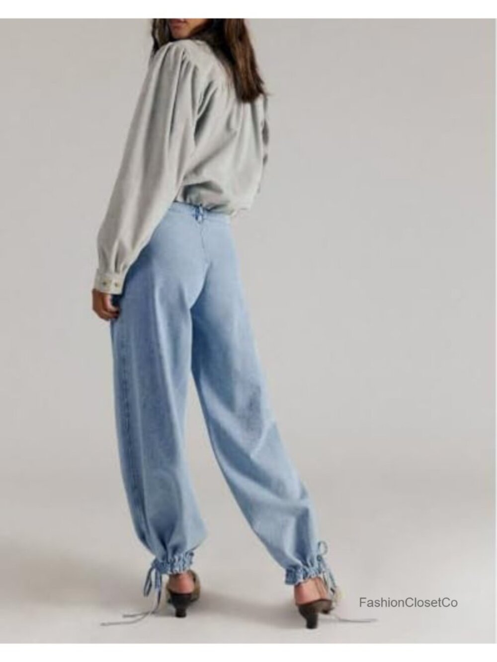 Wide Leg Baggy Denim Jeans Mid Rise Lotus Elastic Hem - Picture 4 of 6